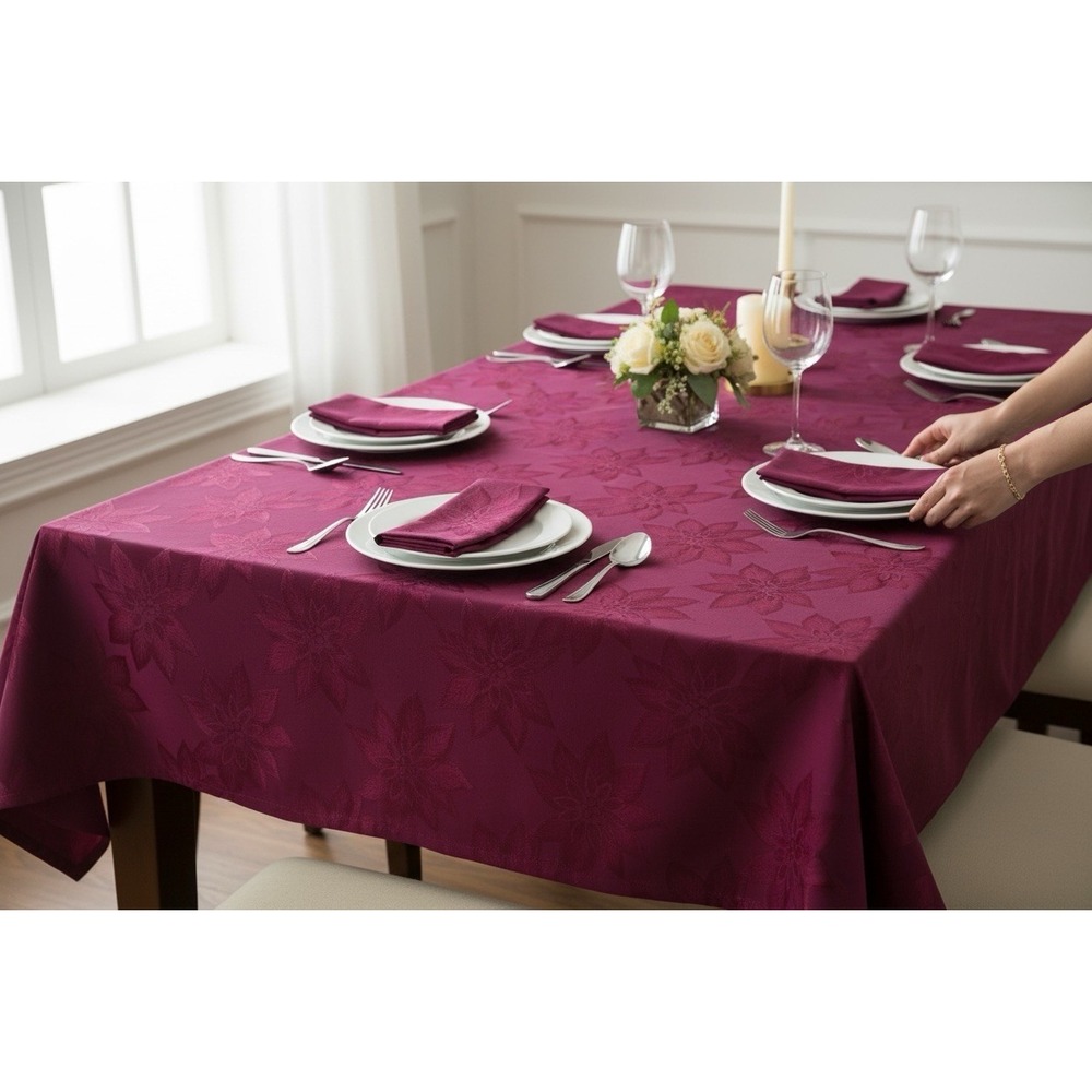 Vintage Burgundy Poinsettia Holiday Tablecloth 6 Napkins Set 60x100 Rectangle